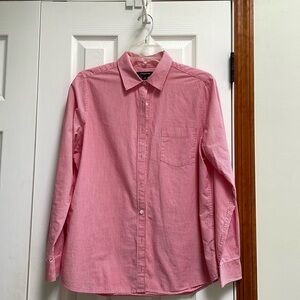 Lands End ladies button down long sleeve shirt, pink and white stripes.